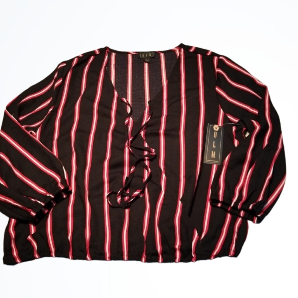 OLM Criss Cross Gathered Vneck Striped Blouse